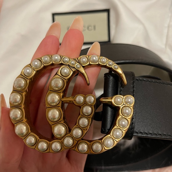 LARGE GUCCI PEARL BLACK LEATHER BELT (SIZE 85-34) - Picture 2 of 5